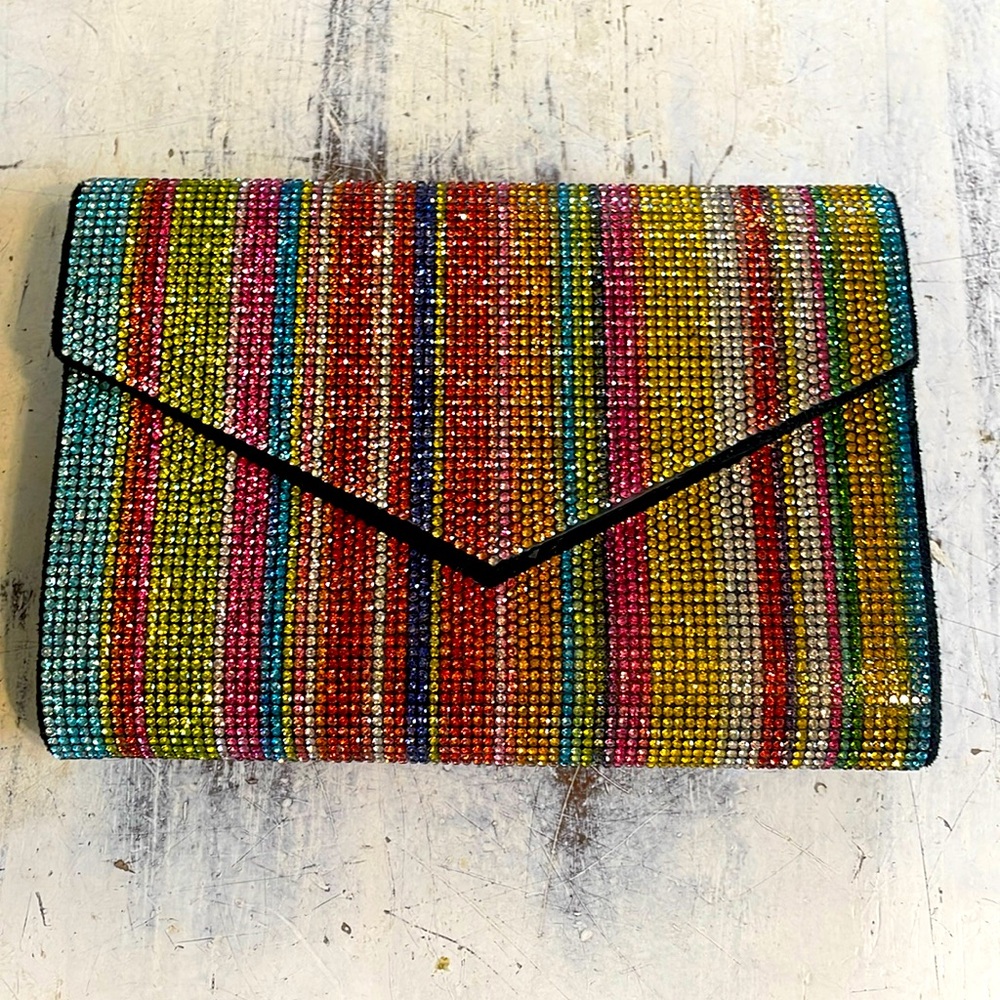 NWOT Rainbow Rhinestone Envelope Clutch